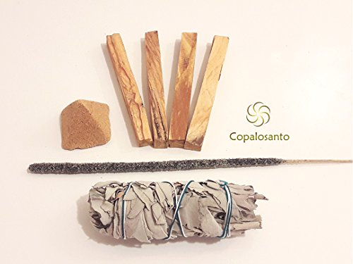 Palo Santo (4 Sticks 25-32g)+ Tied White Sage (12 cm 25-30g)+ Copal Incense Mexico (2 to 3 Hours Of Life) + Palo Santo Pyramid (Sawdust and Palo Santo Resin)