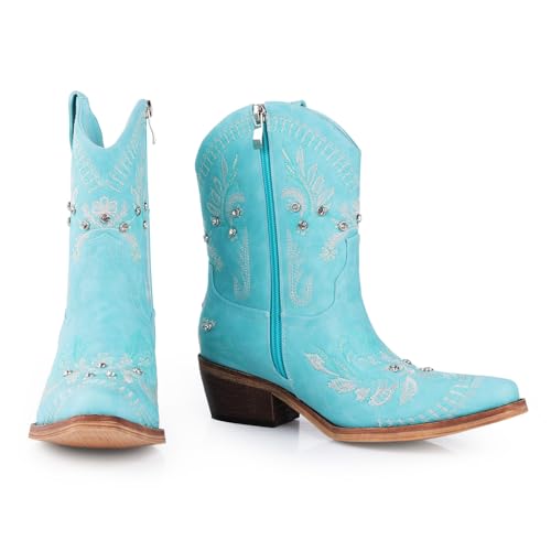 Image of Rhinestone Ankle Cowboy Boots for Women Embroidered Short Cowgirl Boots with Low Heel Side Zipper Comfortable Chunky Heel Western Booties for Prom Party Wedding Pull On Shoes