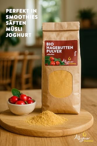 ALLGÄUER ÖLMÜHLE - Bio Hagebuttenpulver | Hagebuttenpulver aus kontrolliert biologischem Anbau. Hagebutten Pulver ideal für Smoothies, Shakes, Müsli oder Saft. Vegan | 500g
