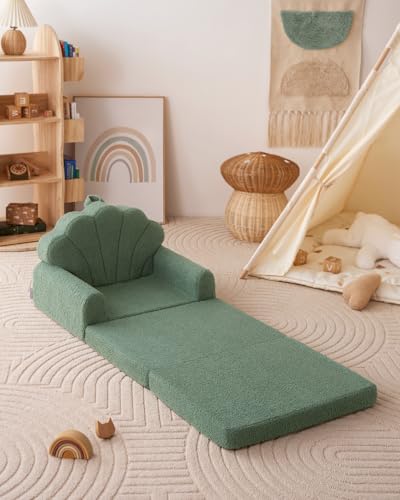 Image of Blissful Diary Foldable Kids Couch, 2-in-1 Kids Sofa Chair, Green Shell | 50.8 inch Fold-Out Play Area, Supportive Foam, Washable Cover, Carry Handle, Pre-Assembled, Kid-Safe Zipper