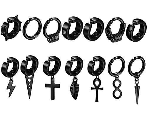 Chriscoco 14Pcs Boucles d'Oreilles Clip pour Homme Femme Acier Inoxydable Boucle d'Oreille Vintage Punk Croix Plume Non Piercing Boucles d'Oreilles Pendantes Hypoallergénique Cover