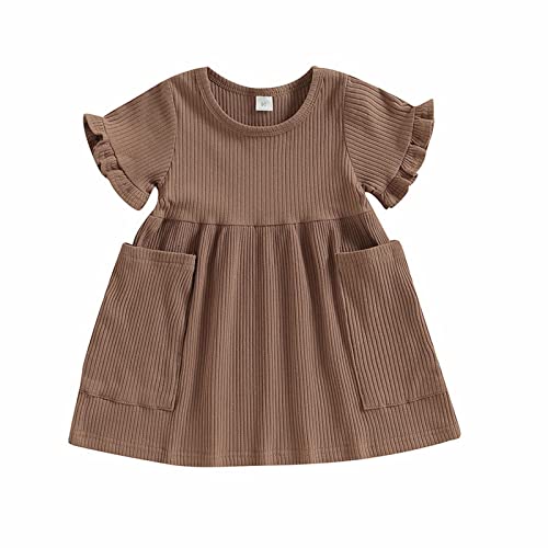 Toddle Baby Girls Dresses Short Sleeve Solid Casual A-Line Pleated Dress with Pockets Summer Cute (Brown, 3-4Years)