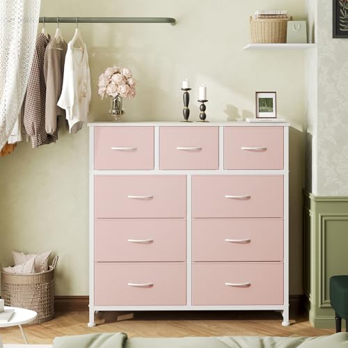 Image of OLIXIS 9 Drawer Pink Dresser for Bedroom, Closet Organizers and Storage | Tall Fabric Dresser with Wooden Top, Chest of Drawers for Clothes Storage, Tower Cabinet, Furniture, TV Stand