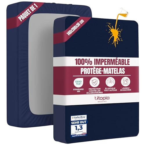 Utopia Bedding Protège Matelas 140 x 200 x 30 cm Imperméable, Certifié Oeko TEX, Alèse Drap Housse, Matelas Couvre, Respirant, Élastique Tout Autour Bleu Marine