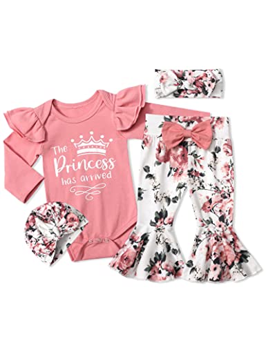 Image of ADIFUN Baby Girl Clothes,4pcs Infant Newborn Girl Outfits Ruffle Romper Baby Bell Bottoms Headband Bandana Clothes Sets Gifts
