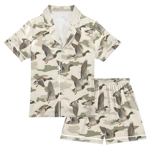ALAZA Duck Camouflage Pajamas Satin Pajama Set Short Sleeve Button Down Sleepwear
