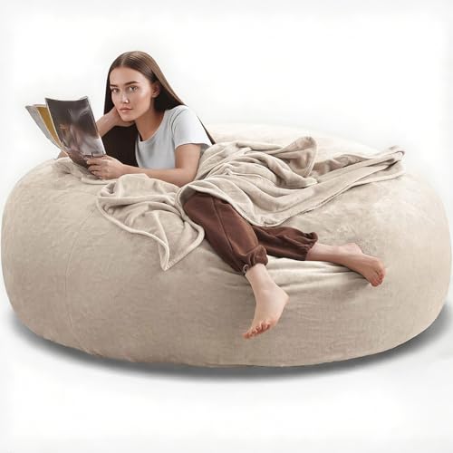 Image of 6FT,jumbo bean bag chair for adults，bean bag with filler included，Comfortable and soft flannel cover, removable and washable, oversized bean bag, suitable for living room and bedroom.(Apricot, 6 Foot)