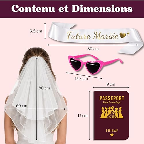 EQUIK PRODUCTS EVJF – Kit avec Voile de Mariée, Écharpe Future Mariée et Lunettes Cœur | Passeport avec Jeux EVJF, Défis et Livre d’Or | Accessoires Enterrement de Vie de Jeune Fille - Bride to Be – vue 5