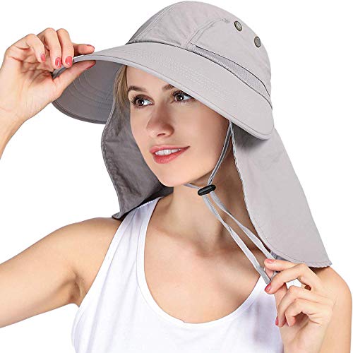Womens Outdoor Sun Hat Uv Protection Wide Brim Mesh Foldable Ponytail Summer Beach Fishing Hats Safari Cap With Neck Flap Light Gray #TOP13
