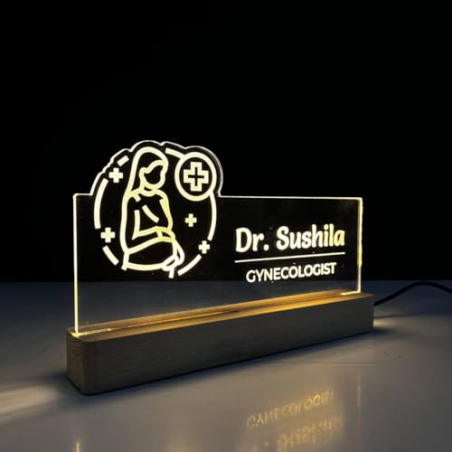 Image of Customized LED Name Plate for Office Desk Table Lamp Name Sign Birthday Gift For Female Specialist Gynecologist Maternity Pregnancy Doctor Size (10 x 6 inch) (For Gynecologist)