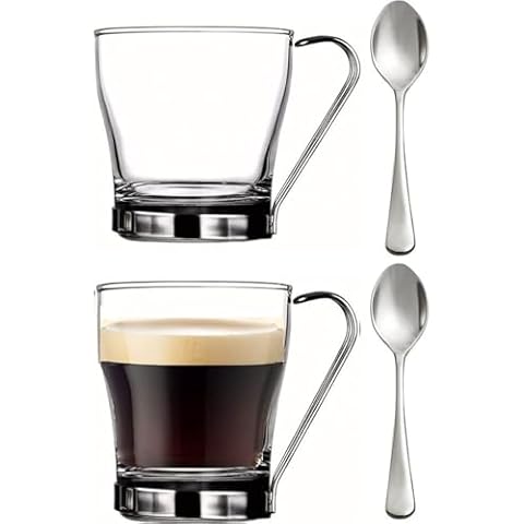 BOHEM'S Glass Tea Cups With Stainless Steel Handle, 7 Oz Clear Coffee Mugs, Set of 2 (Cups and Spoons), Tea Glasses for hot and cold beverages, Espresso, Cappuccino (clear) Cover