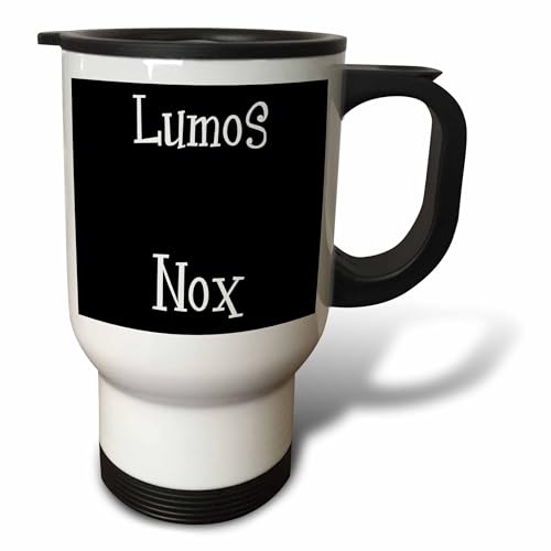 3dRose Lumos and Nox - meaning light and dark night - lightness or darkness on or off - Black and White 14oz Stainless Steel Travel Mug