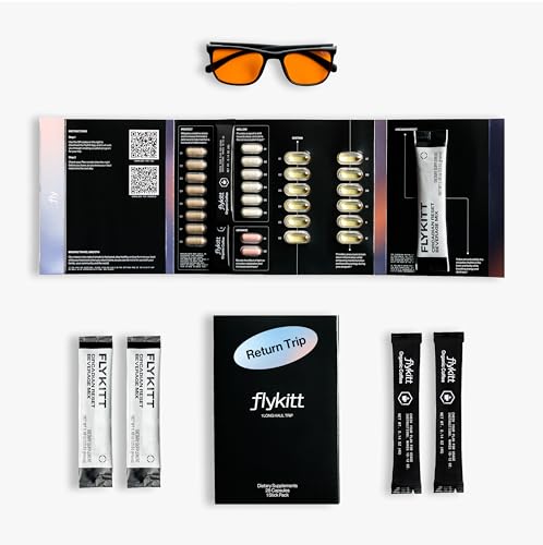 Flykitt Jet Lag Prevention System | Flight Essentials with App-Controlled Personalized Supplement Schedule and Blue Light Filtering Glasses | Prevent Jet Lag for a Full Roundtrip
