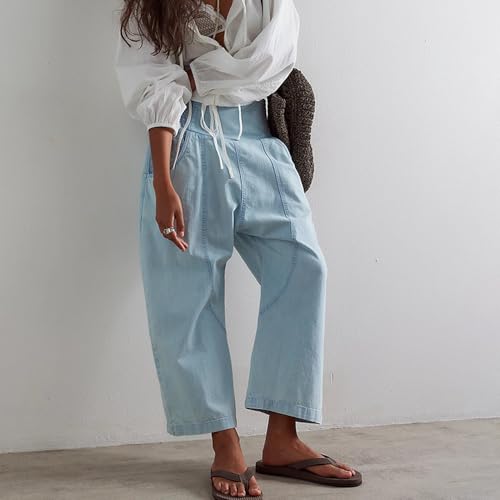 utcoco Womens Smocked Mid Rise Barrel Jeans Y2k Vintage Baggy Wide Leg Jeans Cropped Denim Harem Pants4