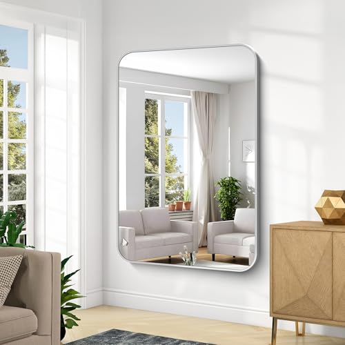 Image of KOCUUY Silver Bathroom Mirror, 60x40 Inch Large Bathroom Mirror for Over Sink, HD Tempered Glass, Anti-Rust Brushed Silver Frame, Rounded Corner Modern Design for Bathroom, Hang Horizontal /Vertical