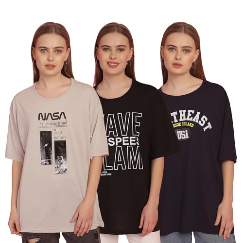 Image of Mack Jonney Printed Round Neck Cotton Regular Fit Oversize Half Sleeves Tshirt for Women(Pack of 3)-MACK631145