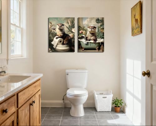 Image of Frimeeme Otter Canvas Wall Art for Bathroom Decor 12x16 Inch | 2 Pieces, Ready to Hang