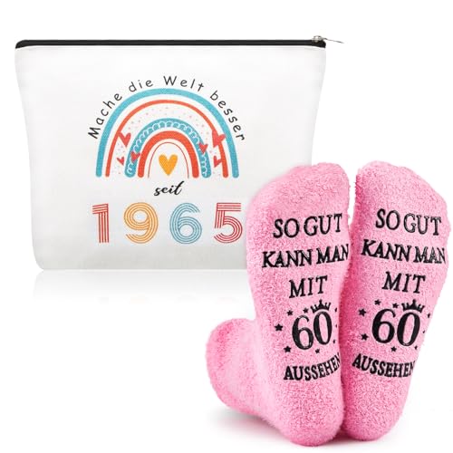 Xuniea 2 Piezas Regalo de Cumpleaños Ideal para Mujeres, Incluye Bolsa de Maquillaje y Calcetines de Cumpleaños para Mujeres(1965-60 años)