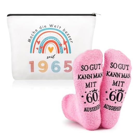 Xuniea 2 Piezas Regalo de Cumpleaños Ideal para Mujeres, Incluye Bolsa de Maquillaje y Calcetines de Cumpleaños para Mujeres(1965-60 años)