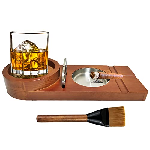 Cigar Ashtray Coaster, Whiskey Glass Tray and Cigar Holder, Solid Wood Ash Tray with Cigar Cutter, Cigar Slot, Whiskey Cigar Accessories Set Home Office Outdoor Ashtrays Gift for Men