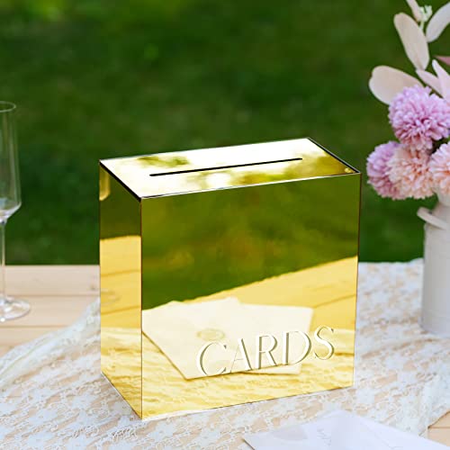 Uniqooo Metallic Gold Mirror Acrylic Wedding Card Box With Slot, Large 10X10X5.5 Inch W/White Print | Thick Diy Wedding Receptions Wishing Well Money Box, Graduation, Birthday, Memory Box #TOP4