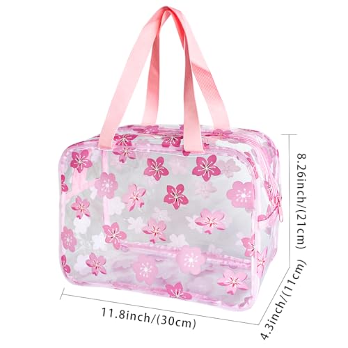 Clear Printed Floral Cosmetic Bag and Travel Pouch with Handle-Durable PVC Material,Versatile,Zipper Design for Smooth Sliding-Ideal for Makeup,Travel Essentials (Pink Floral#1-L)3