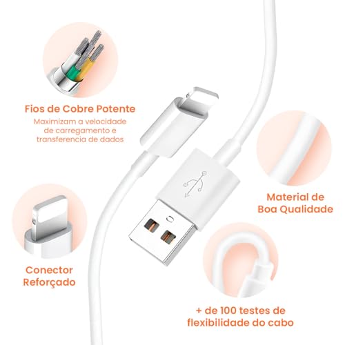 Cabo USB para Lightning Reforçado 1M, Compatível com iPhone 6 7 8 X Xs 11 Se 12 Xr 13 14 Pro Max – C