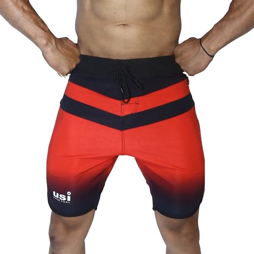 Image of USI Universal Shorts for Men, 411PT Triangle Physique Board Shorts, Fitness Shorts, Polyester Elastane Construction, Hook Loop Fly (Large, Red)