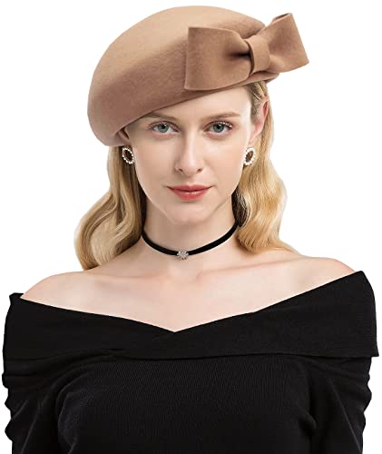 Paotit Women Fascinator Wool Felt Medicine Box Hat Wedding Church Top Hat Autumn Winter Solid Color Fedora 01-Camel One Size #TOP7
