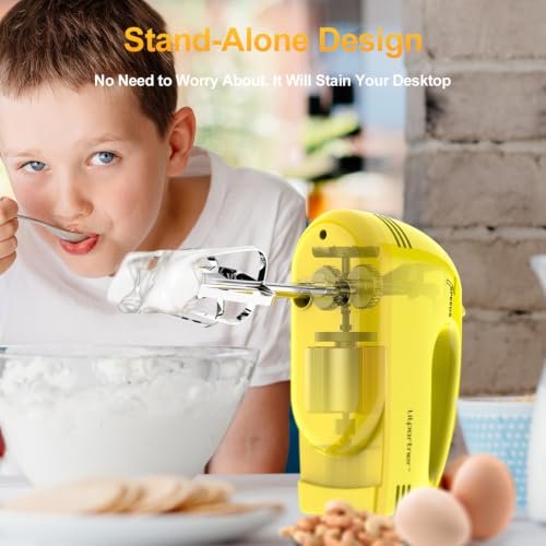 Image of LILPARTNER Hand Mixer Electric, Ultra Power Kitchen Hand Mixer With 7-Speed & 5 Stainless Steel Accessories for Whipping Dough, Cream, Cake, Dishwasher Safe, Light Yellow