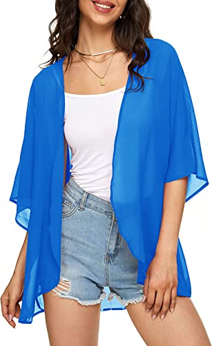 Image of Indian Trendy Women's Solid Puff Sleeve Kimono Cardigan Loose Cover Up Casual Blouse Top Chiffon