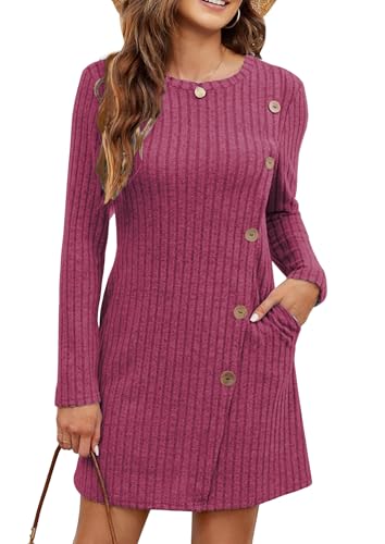 Koerye Vestido para Mujer Invierno Casual Manga Larga Vestidos Suéter Elegante Midi con Cuello Redondo Vestido Túnica con Botones Laterales y Bolsillos Burdeos,L