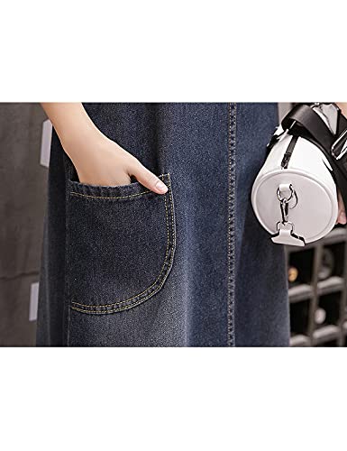 Cowoka Women's Denim Strap Dress Large Size Loose Casual Solid Color Mid-Length Skirt Blue M #TOP3