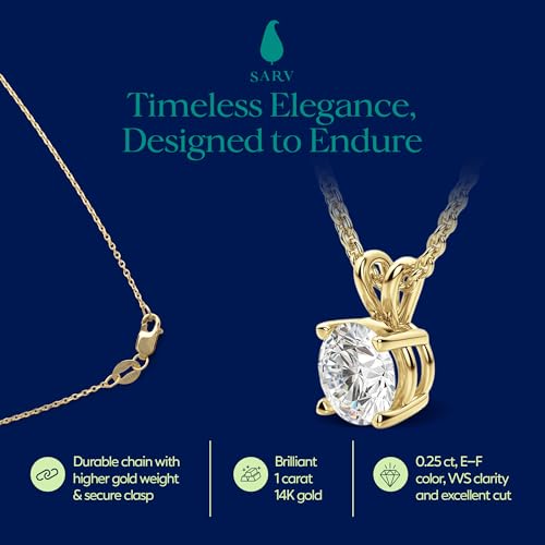 SARV Solitaire Lab-Grown Diamond Pendant Necklace For Women with 16” Chain in 14K Recycled Gold, D-F Color, VVS, Excellent Cut, Hypoallergenic, Includes Product Passport and Gift-Ready Packaging, Conflict-Free2