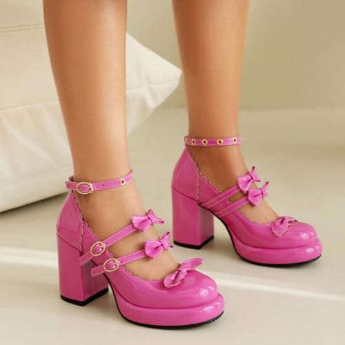 Alyaafifa Chunky High Heel Bow Pumps for Women Platform Round Toe Ankle Strap Mary Jane Patent Leather Dressy Shoes Stylish Cute Party Prom Wedding Club Ballroom3