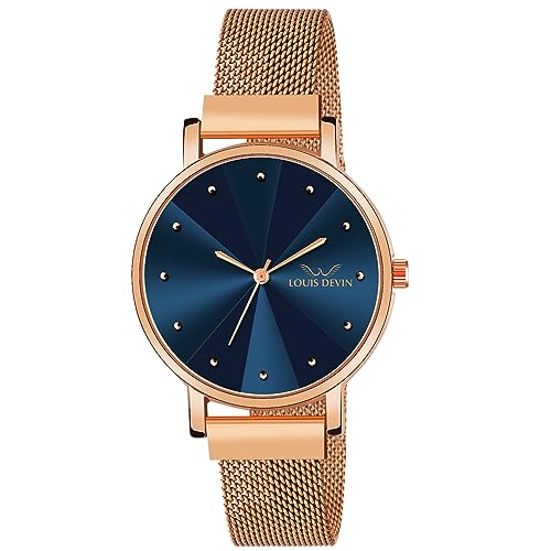 Image of LOUIS DEVIN Rose Gold Plated Mesh Chain Analog Wrist Watch for Women (Blue /Green /Brown /Black Dial) | LD-RG173