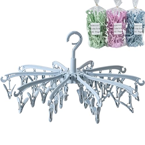 BONYCUST 40 Peg Folding Sock Hanging Rotatable Drying Rack Hanger Sock Dryer for Lingerie Clothes Shoe Insoles Underwear Baby Clothes & Hats (Blue)