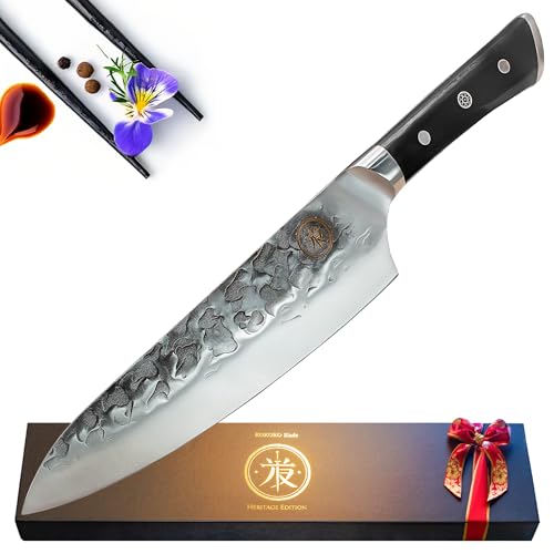 8” Professional Chef Knife – Hand Forged Kitchen Knife with Dark Wood Handle, Full Tang, Razor Sharp, Balanced – from British Fusion Atelier Kokoro – A Thoughtful Gift for Cooks