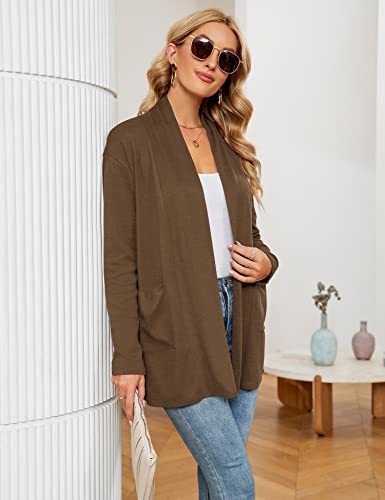 Micoson Women's Long Sleeve Open Front Coffee Cardigan Sweaters Casual Loose Lightweight Cardigan With Pockets Brown L #TOP3