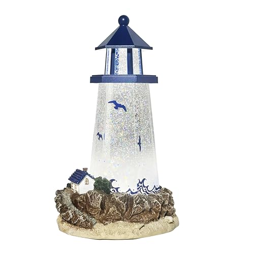 Lighthouse Water Globe by Moments in Time 11.5” Acrylic Spinning Glitter Light Battery Operated Nautical Home Décor Coastal Beach Theme Gift Decoration Spinning Water Globe