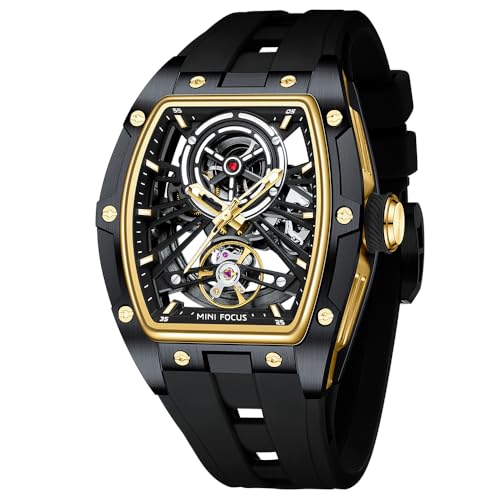 Image of MF MINI FOCUS Unique Men Watches,Automatic Mechanical Watch,Luxury Hollow Tonneau Watches for Men with Stainless Steel Case and Silicon Band (Self-Wind Movement /5ATM Waterproof /Super Luminous)