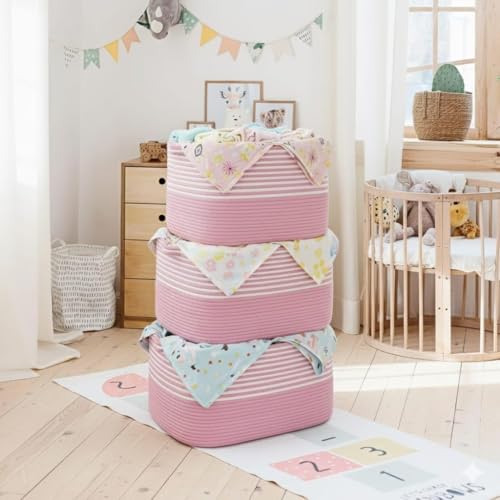 Image of Large Storage Basket, Woven Blanket Basket, Toy Basket with Handle, Laundry Hamper for Living Room, Nursery, Bedroom- 20x15x12 (LXWXH) (baby pink mix)