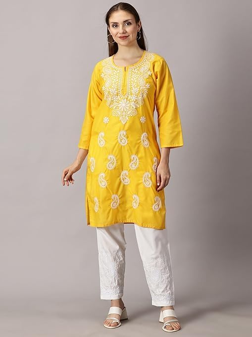 Image of FCH, Fashionable Chikan Handikraft Women's Cotton Lucknowi Chikankari Printed Straight Kurta for Regular Wear Girls Flared Kurta
