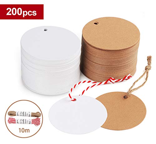 200stk. Kraftpapier Rund Anhänger Etiketten Stern Geschenkanhänger und Jute Schnur 20M für Hochzeit Geschenke zum Basteln (Rund Kraftpapier Anhänger)