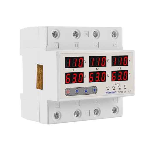 TAXNELE 3 Three Phase Voltage Current Relay Protector 63A 110V 3P Over Under Voltage Relay Current Limiter Adjustable Unbalance Voltage Protection Phase Sequence Protection Protect TVPS3-63