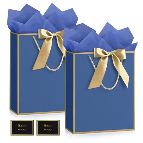 Image of JMANNI Gift Bags with Handles, 11.4 inch Small Mothers Day Gift Bag for Presents, 2 Pcs Bags with 4 Tissue Paper and 2 Cards for Baby Shower Wedding Bridal Shower Mother's Day Birthday Party (blue-gold)