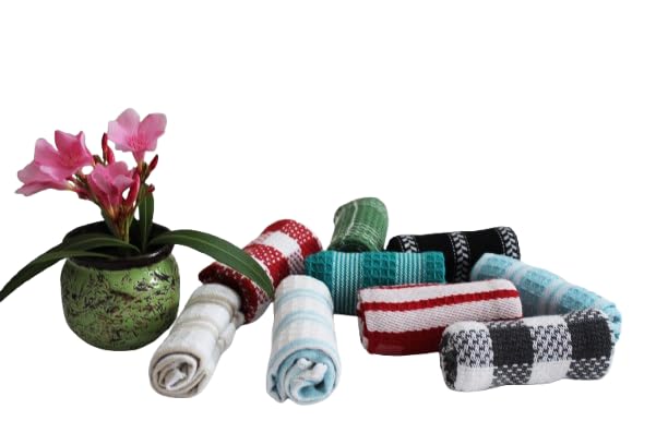 Kitchen Dish Cloths and Hand Towels Set, (369) Cotton, Multi-Colour Checkered Pattern, 8-Pack-image-28