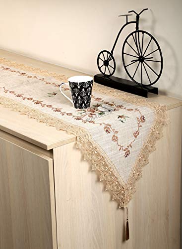 Image of MONKDECOR (O.F) Cut Work Cross-Stitch Embroidery Dining Table Runner (Size-15x70 Inches)- Gold & Brown Color