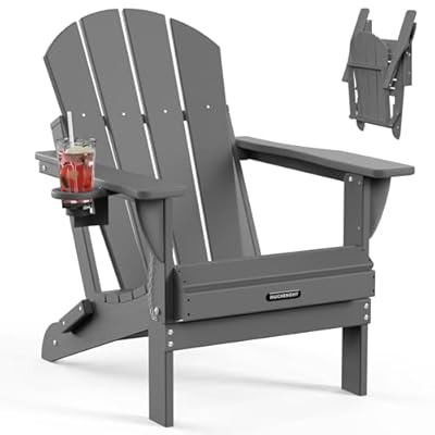 MUCHENGHY Folding Adirondack Chairs, Patio Chairs, Lawn Chairs, Outdoor Chair, Adirondack Chair Plastic, Fire Pit, Weather Resistant with Cup Holder for Deck, Backyard, Garden(Gray)