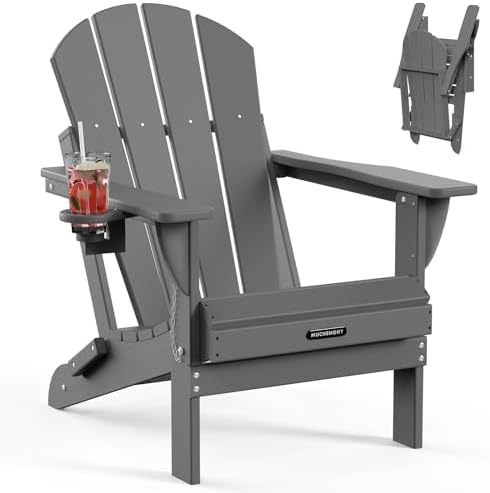 MUCHENGHY Folding Adirondack Chairs, Patio Chairs, Lawn Chairs, Outdoor Chair, Adirondack Chair Plastic, Fire Pit, Weather Resistant with Cup Holder for Deck, Backyard, Garden(Gray)